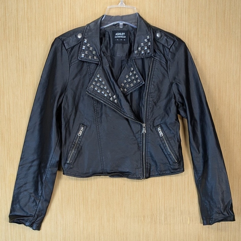 Ashley Outerwear Black Faux Leather Studded Moto Biker Jacket Womens Size Medium